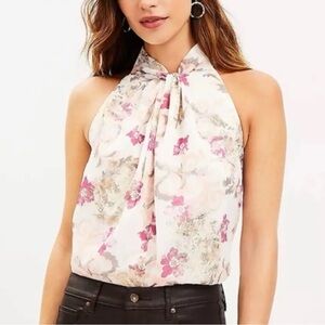 LOFT Shimmer Floral Twist Halter Top, Size M, Pink Floral